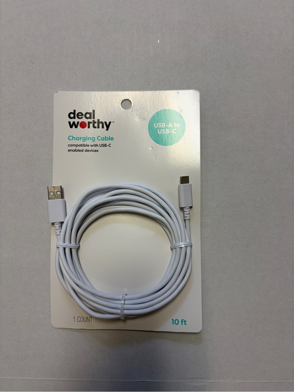 Dealworthy USB-A to USB-C Charging Cable 10 Ft White Fast Charge New